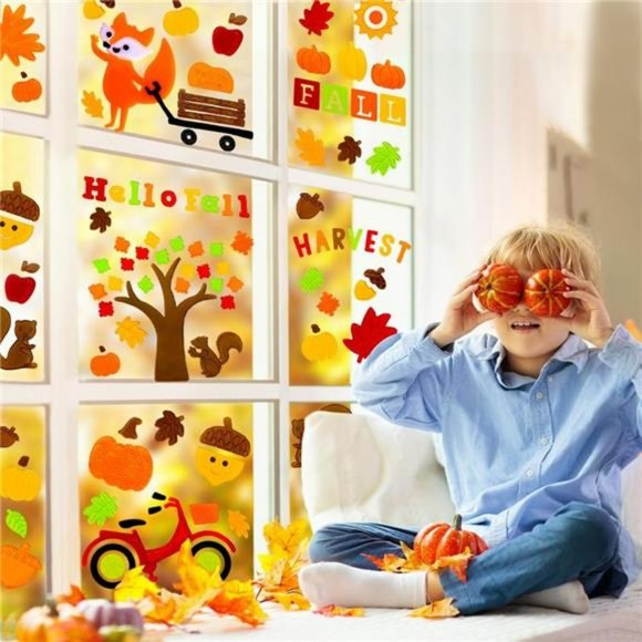 6sheet Fall Gel Window Clings, Maple Leaf Harvest Pumpkin Fox Thanksgiving Gel - Picture 6 of 7